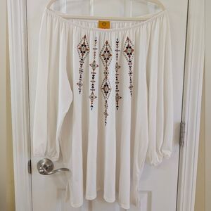 Ruby Rd. Cream Blouse with Geometric Embroidery
